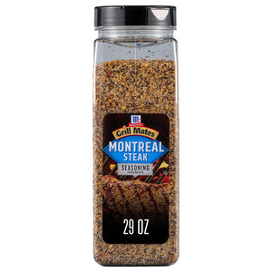 A container of McCormick Montreal Steak Seasoning.