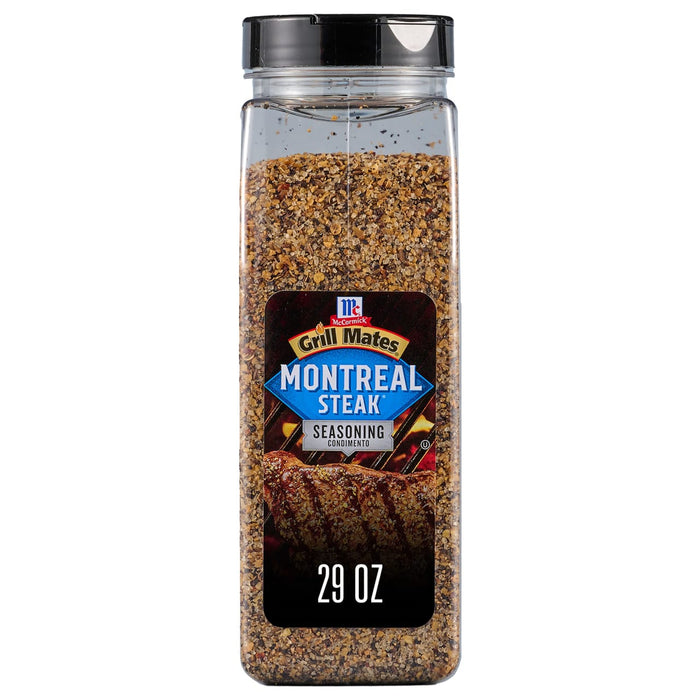 A container of McCormick Montreal Steak Seasoning.