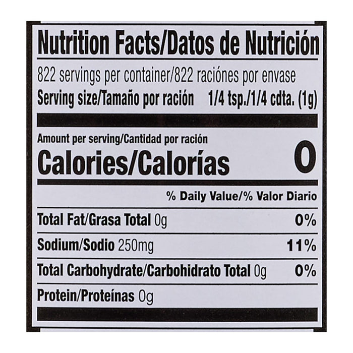 Nutrition facts label for a product with 0 calories per serving.