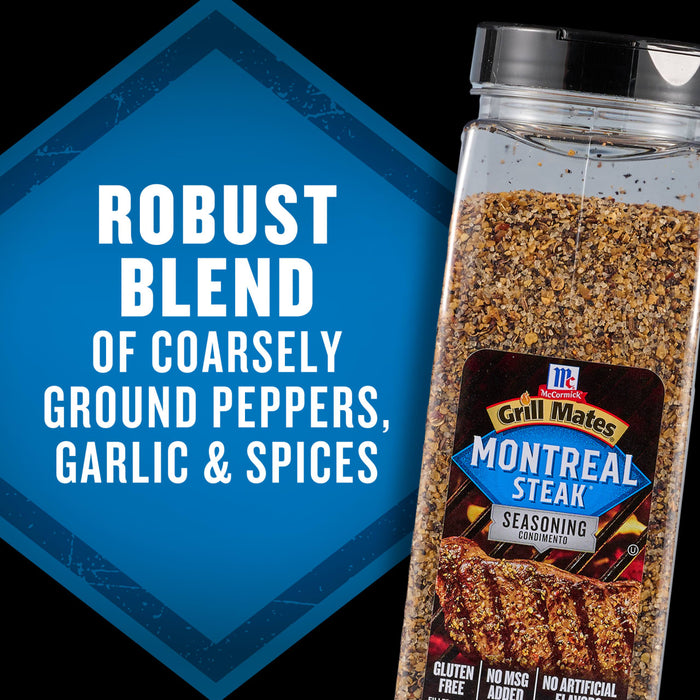 McCormick Montreal Steak Seasoning features a robust blend of coarsely ground peppers, garlic, and spices.