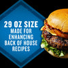A 29 oz size product is advertised for enhancing back-of-house recipes, shown next to a juicy burger.