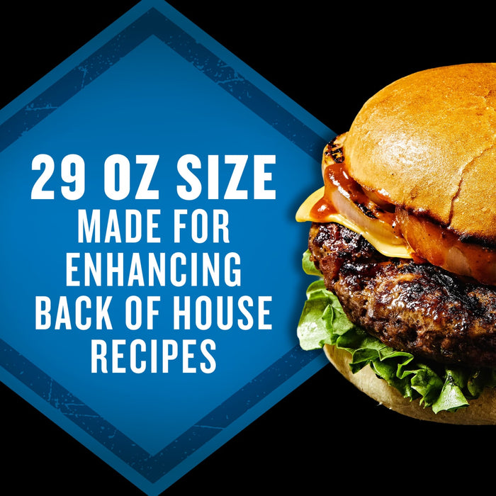 A 29 oz size product is advertised for enhancing back-of-house recipes, shown next to a juicy burger.