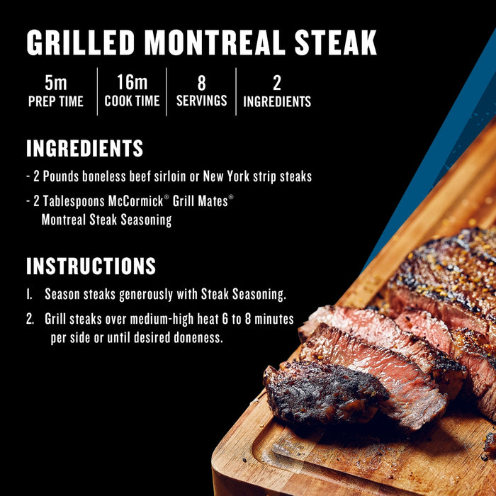 This image shows a recipe for grilled Montreal steak, featuring McCormick Grill Mates Montreal Steak Seasoning.