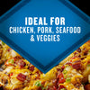 This image promotes the product as ideal for chicken, pork, seafood, and vegetables.