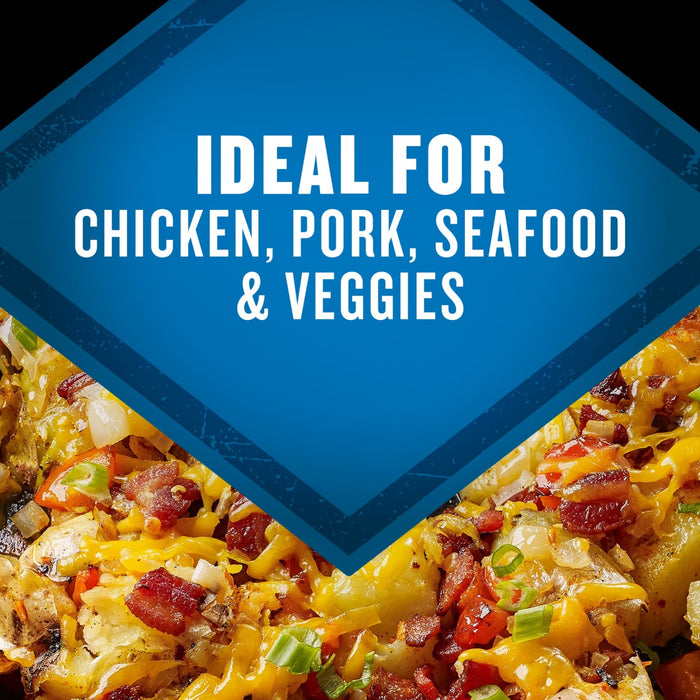 This image promotes the product as ideal for chicken, pork, seafood, and vegetables.