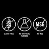 Three white icons with black outlines on a black background, showing a wheat stalk, a beaker, and MSG, all with a diagonal line through them, indicating that the product is gluten-free, has no artificial flavors, and contains no MSG.