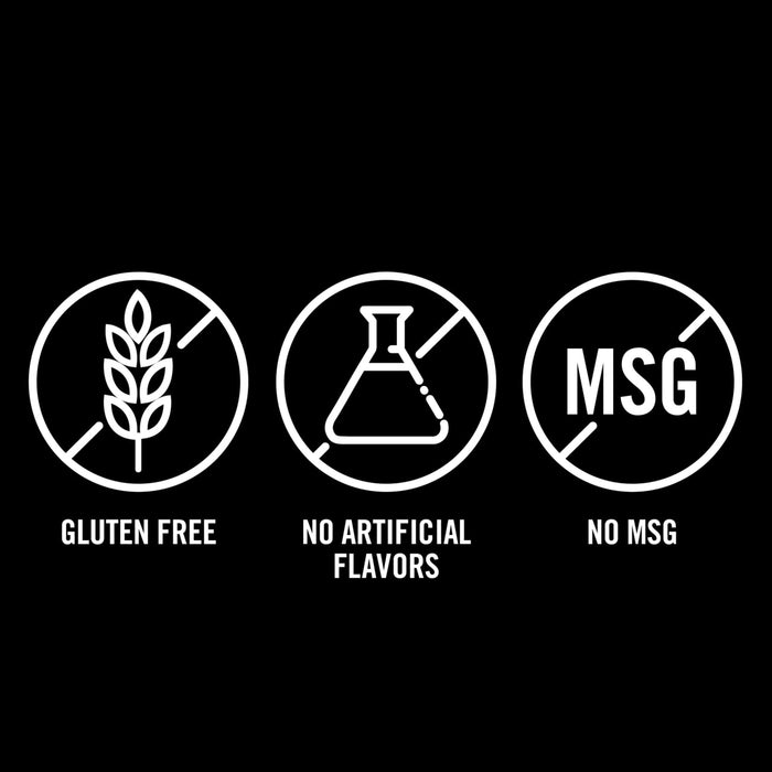 Three white icons with black outlines on a black background, showing a wheat stalk, a beaker, and MSG, all with a diagonal line through them, indicating that the product is gluten-free, has no artificial flavors, and contains no MSG.