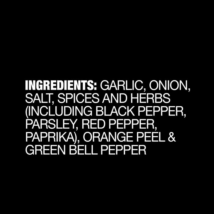 A list of ingredients for a product, including garlic, onion, salt, spices, herbs, black pepper, parsley, red pepper, paprika, orange peel and green bell pepper.