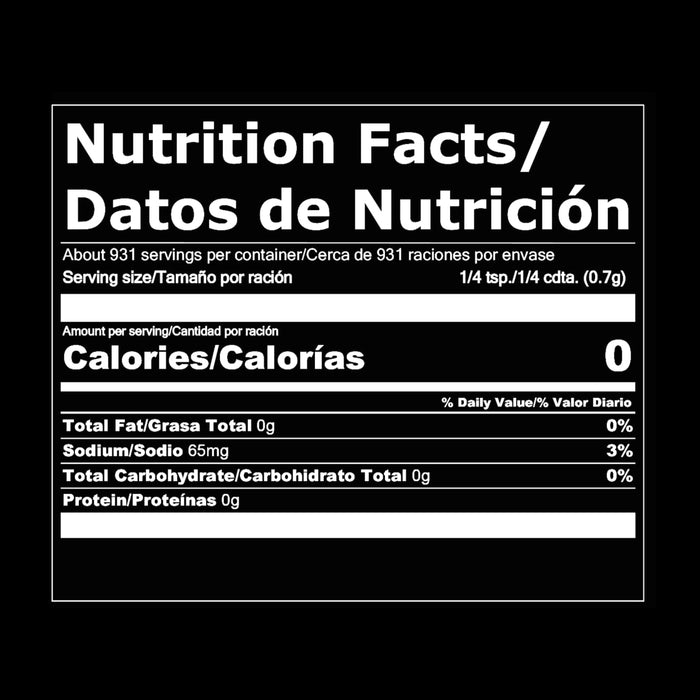 Nutrition facts label for a product with 0 calories per serving.
