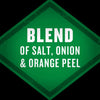 A green diamond with a white border and the text BLEND OF SALT, ONION &amp; ORANGE PEEL in white.