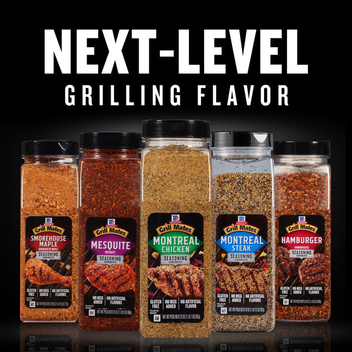 Five McCormick Grill Mates seasoning jars with different flavors.