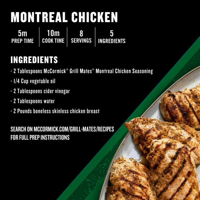 The image displays a recipe card for Montreal Chicken, featuring Mccormick Montreal Chicken Seasoning as a key ingredient, alongside grilled chicken breasts.