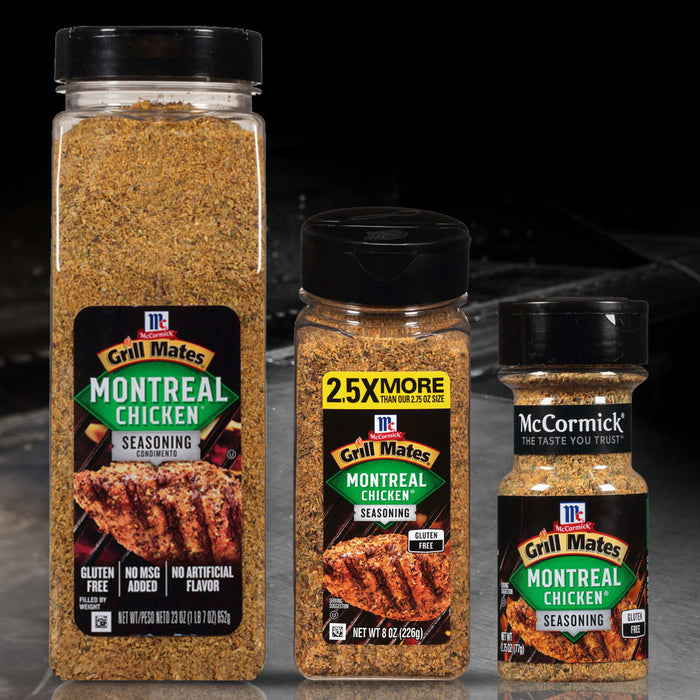 Three different sizes of McCormick Grill Mates Montreal Chicken Seasoning.