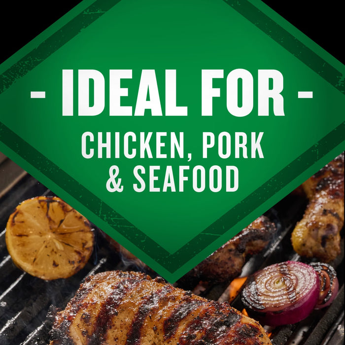 A green sign with the words Ideal for Chicken Pork &amp; Seafood over a grill with grilled chicken pork and onions