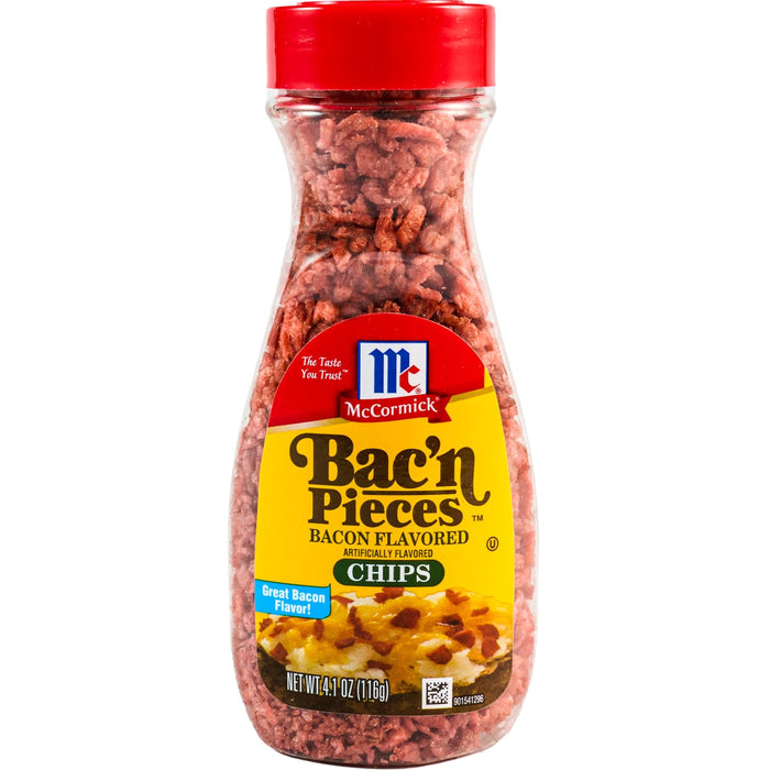 A jar of McCormick Bac'n Pieces Bacon Flavored Chips.