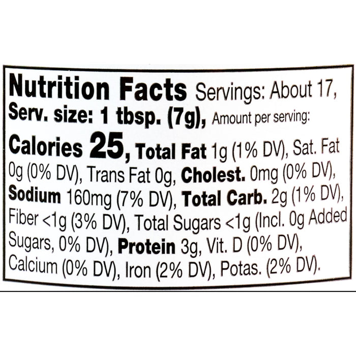 Nutrition facts label for a product with 25 calories per serving.