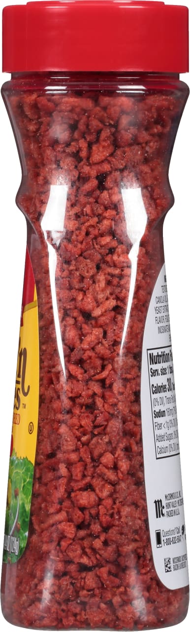 A close-up of McCormick Bacon Flavored Bits in a jar.