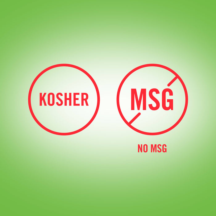 The image shows two red circular icons, one indicating the product is Kosher and the other indicating it contains No MSG.