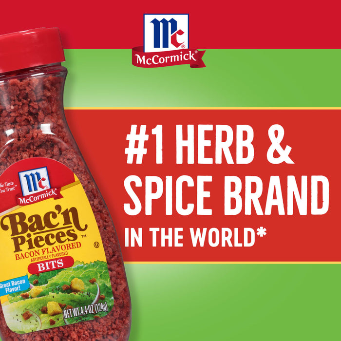 A McCormick Bac'n Pieces jar with a red background that says #1 Herb &amp; Spice Brand in the World.