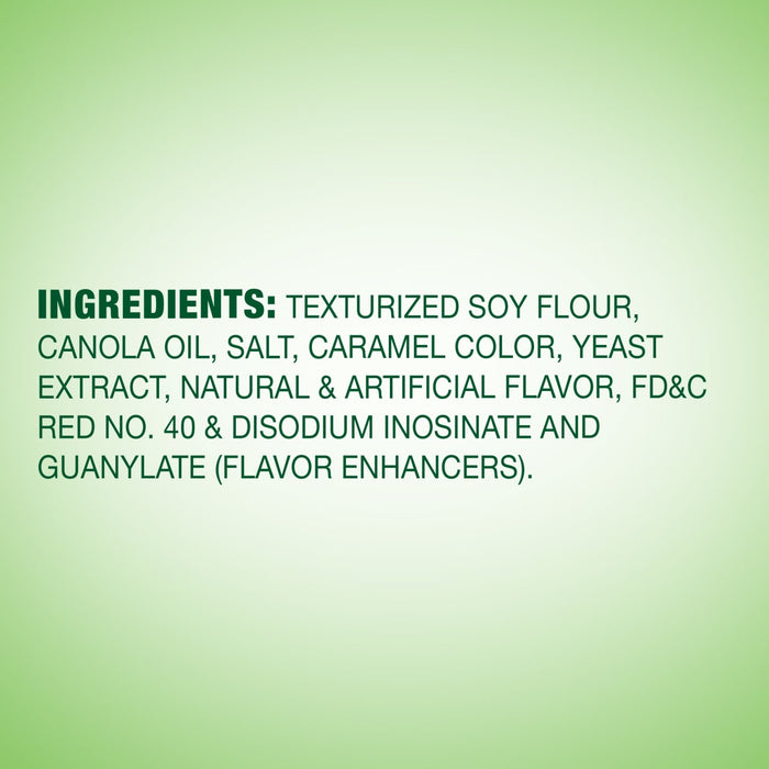 A list of ingredients for a product, including textured soy flour, canola oil, salt, caramel color, yeast extract, natural and artificial flavor, FD&amp;C Red No. 40, disodium inosinate and guanylate.