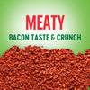 A close-up of crispy bacon bits with the words Meaty Bacon Taste &amp; Crunch above.