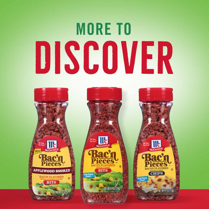 Three McCormick Bac'n Pieces jars, one with applewood smoked bits, one with bits, and one with chips.