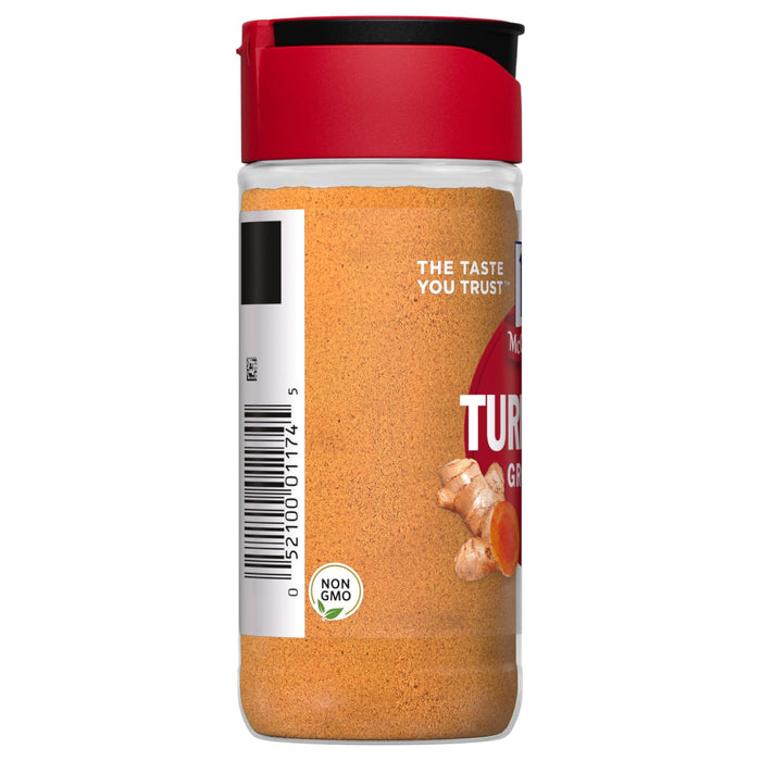 A glass jar of McCormick Turmeric Ground spice with a red lid and a barcode on the side.