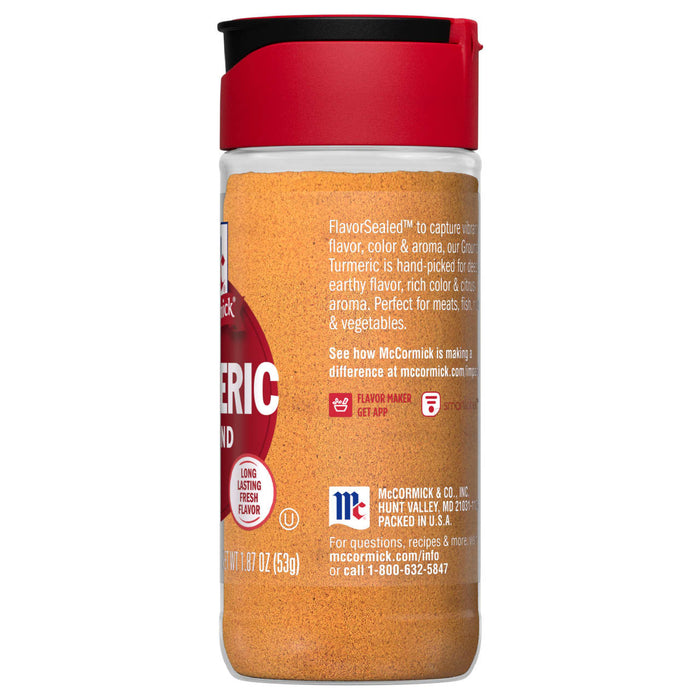 A McCormick brand spice jar of ground turmeric.