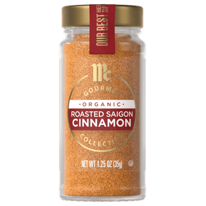 A jar of McCormick Gourmet Organic Roasted Saigon Cinnamon.