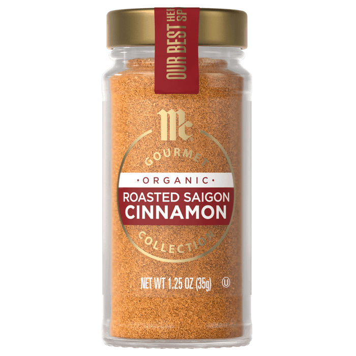 A jar of McCormick Gourmet Organic Roasted Saigon Cinnamon.