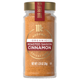 A jar of McCormick Gourmet Organic Roasted Saigon Cinnamon.