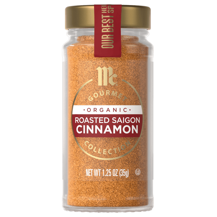 A jar of McCormick Gourmet Organic Roasted Saigon Cinnamon.