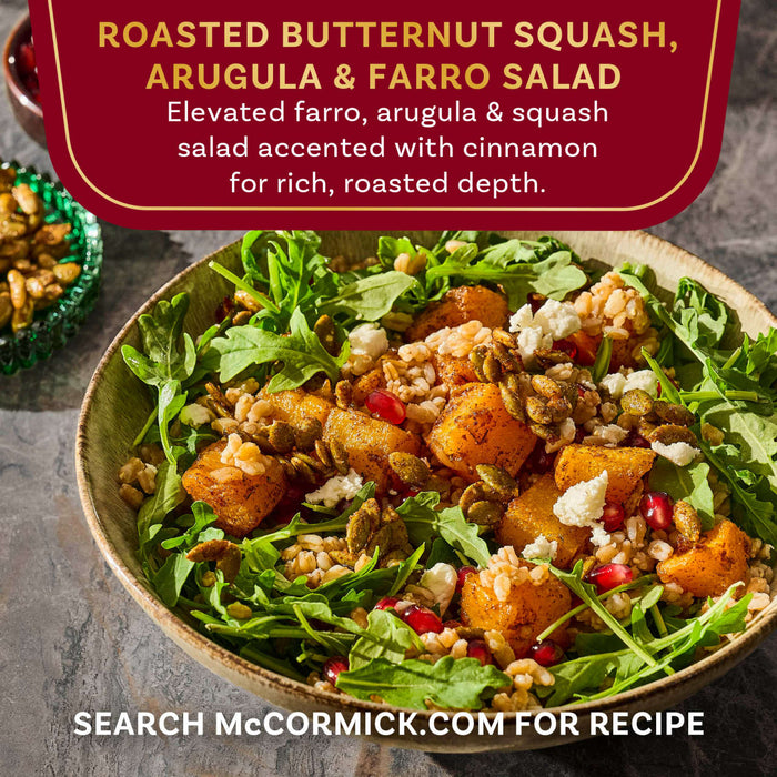 This is a McCormick ad featuring a roasted butternut squash, arugula, and farro salad accented with cinnamon.