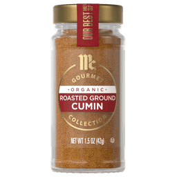 A jar of McCormick Gourmet Organic Roasted Ground Cumin.