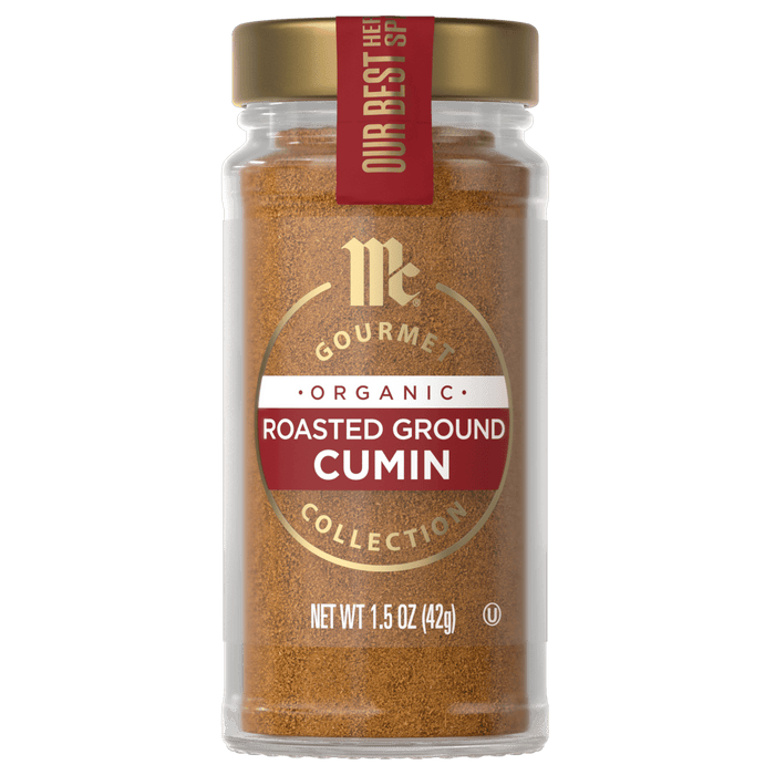 A jar of McCormick Gourmet Organic Roasted Ground Cumin.