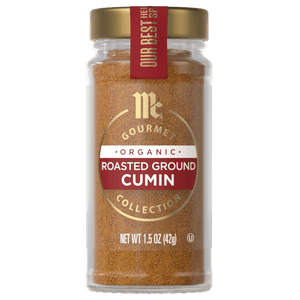 A jar of McCormick Gourmet Organic Roasted Ground Cumin.