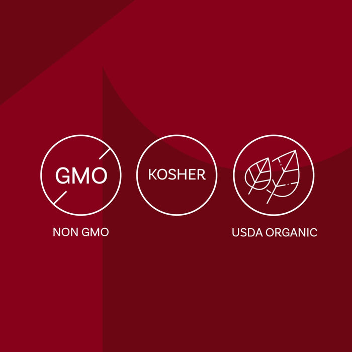 The image displays three icons indicating the product is non-GMO, Kosher, and USDA Organic.