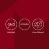 The image displays three icons indicating the product is non-GMO, Kosher, and USDA Organic.