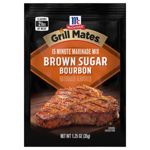A package of McCormick Grill Mates Brown Sugar Bourbon marinade mix with a picture of a grilled steak.