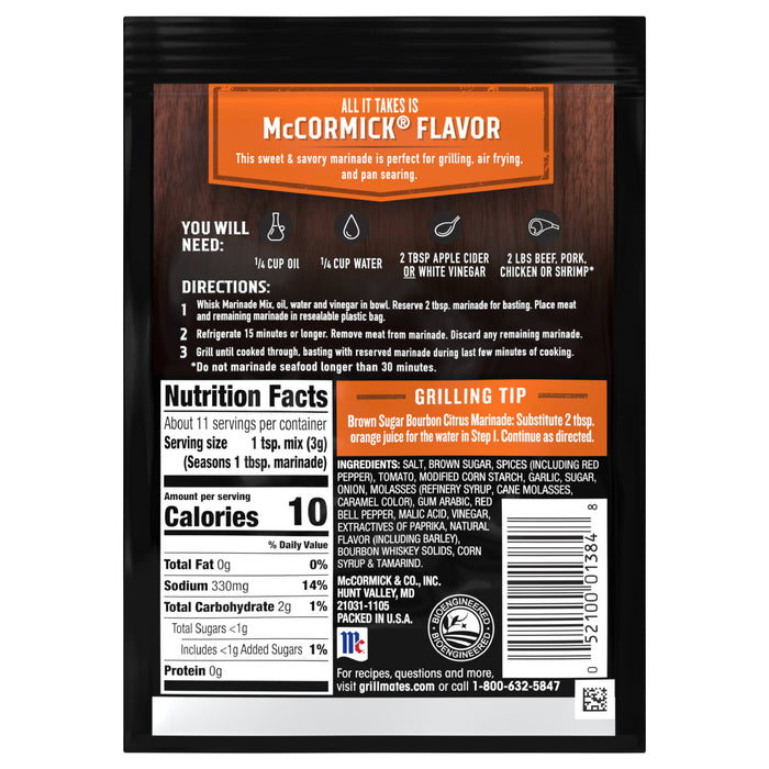 McCormick Brown Sugar Bourbon Citrus Marinade package with nutrition facts and grilling tips.
