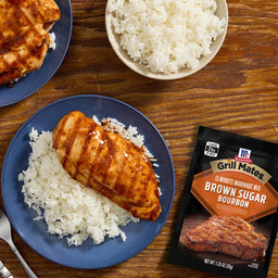 Grilled chicken breast with rice, seasoned with McCormick Tangy Brown Sugar Seasoning Mix.