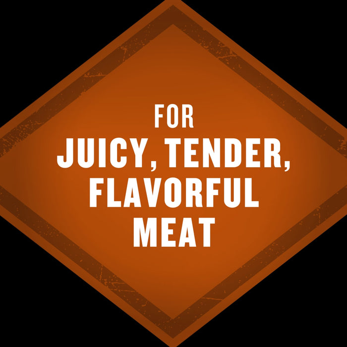 A brown diamond-shaped badge with the text For juicy, tender, flavorful meat.