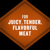 A brown diamond-shaped badge with the text For juicy, tender, flavorful meat.