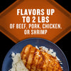 This image promotes flavors for up to 2 lbs of beef, pork, chicken, or shrimp, showcasing a grilled chicken breast served over rice.