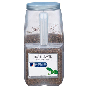 A plastic jar of McCormick Culinary Basil Leaves.
