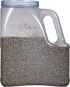 A clear plastic jar filled with dried herbs.