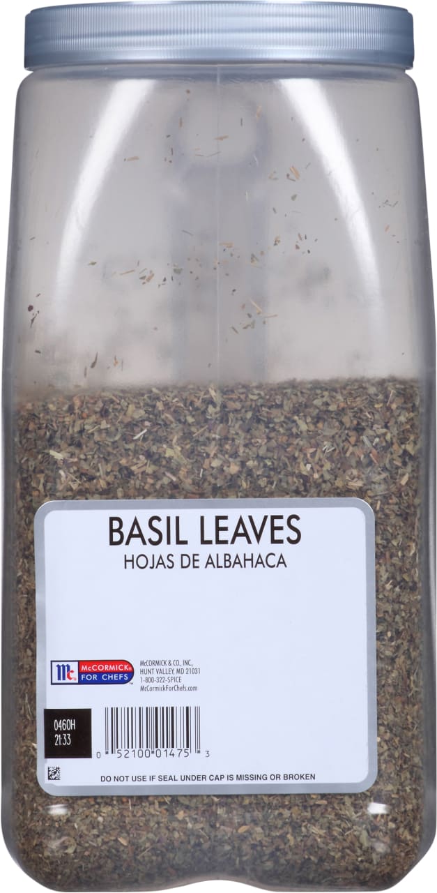 A container of McCormick For Chefs Basil Leaves.
