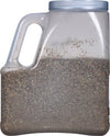 A clear plastic jar filled with dried herbs.