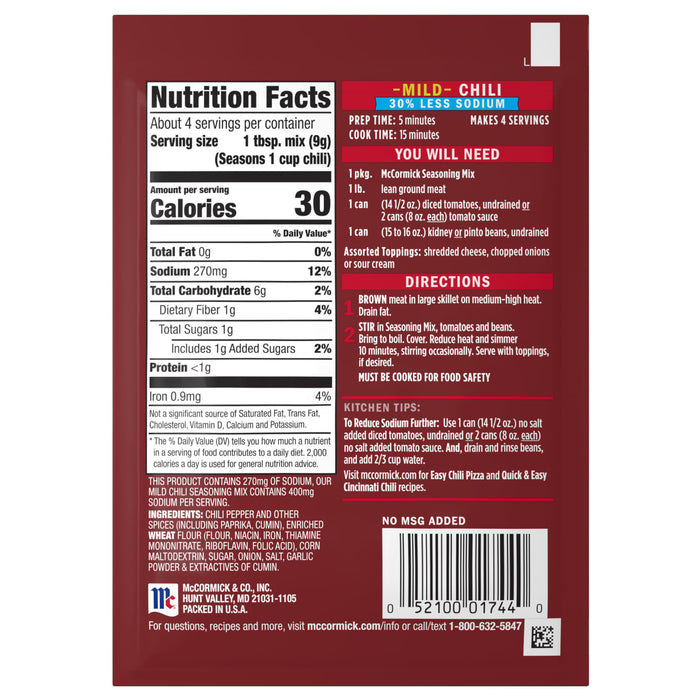 McCormick Mild Chili Seasoning Mix nutrition facts and directions.