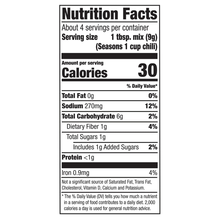 Nutrition facts label for Seasons Chili.